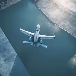 a plane is flying over the water with its landing gear down