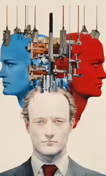 man in a suit with four different faces on his face