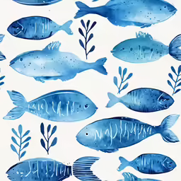 watercolor blue fish with seaweed and plants