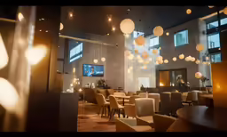 a restaurant with hanging lights and lots of beige chairs