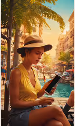 a woman sitting on top of a bench next to a tree,woman in hat and yellow top looking at cellphone