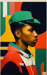 an art image of a person wearing a hat,the young man is wearing a green hat