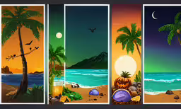 three vertical scenes in various stages of painting,a set of 3 different photos showing beach scenes