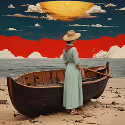 a woman standing on a beach next to a boat,a woman is sitting on the beach beside a canoe