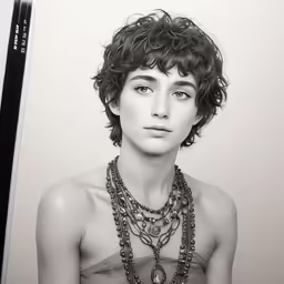 black and white photograph of a woman wearing many necklaces