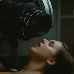 a woman looks at the camera and takes photos