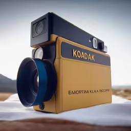 an old fashioned yellow kodak camera is on the snow