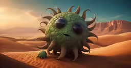 a cartoon green animal with large eyes sitting on top of a dune