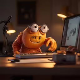 a plush toy with a smirk on it is looking at a computer