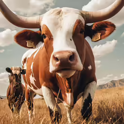 a couple of brown and white cows in a field
