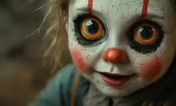 a doll with clown make up is looking at the camera