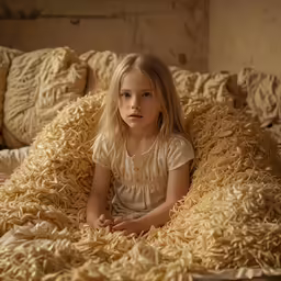 a little girl that is sitting on a bed
