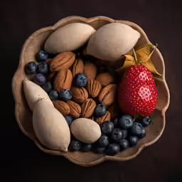 a bowl filled with nuts, berries, and a straw