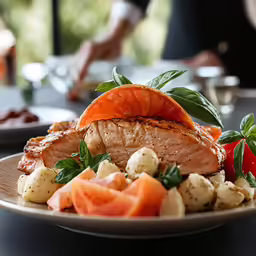 salmon fillets atop potato salad on white plate