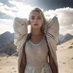 young lady with blonde hair, wearing white, wearing the same clothing, in a desert