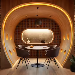 an interior design for a restaurant with a circular wall