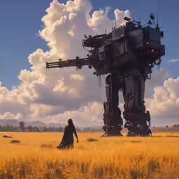 a person walking in a field with a tall robot