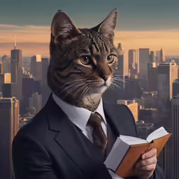 the image is showing a cat wearing a suit and tie