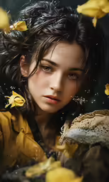 a woman wearing a yellow coat surrounded by flowers