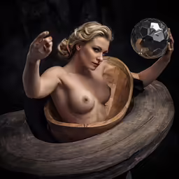 naked woman in wooden bucket with large crystal ball