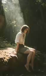 a woman is sitting on a rock and is surrounded by sunbeams
