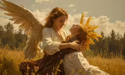 an angel hugging the head of a woman in a field