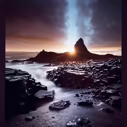 this is a rocky beach at sunset near a small island