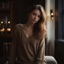 a woman sitting in the corner with her hand on her stomach