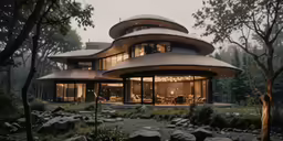 a round house with many windows and lights