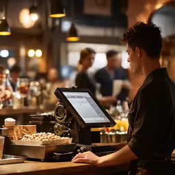 a man is at the bar working on a tablet