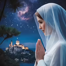a young girl is praying in front of the city
