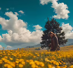 a person standing on top of a field with a tree