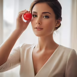 woman looking away and holding a cherry by her side
