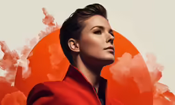 a woman with short hair and red dress on