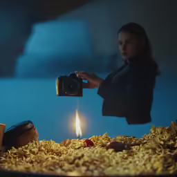 the lady holds a camera to the lit cake on the table