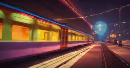 long train pulling into the station during a night time scene,a train at night with a sky of lights in the background
