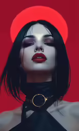 a woman with black hair wearing an unusual choker