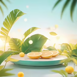 two slices of orange on a cutting board in the middle of tropical leaves