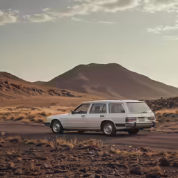 an old car is parked in the desert