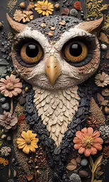 an owl is covered in various florals and shells