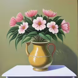 an oil painting of pink flowers in a yellow vase on a white table,pink flowers in an yellow vase on white table