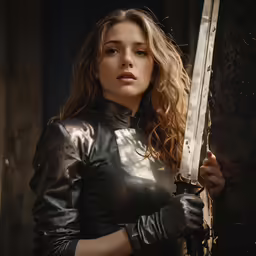 woman in leather outfit holding a knife outdoors