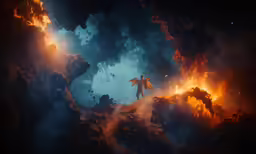a man walking out of a dark cave into some lava