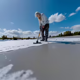 the woman is mopping the snow off of the hill