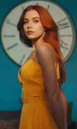 a woman in a yellow dress standing in front of a clock