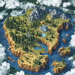 an illustrated map of an island surrounded by trees and rocks