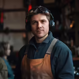 man with headphones wearing a leather apron