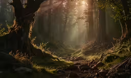 a path leading through a forest with the sunlight streaming from a very large tree