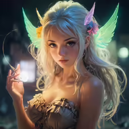 beautiful woman in leather outfit and green wings holding cigarette
