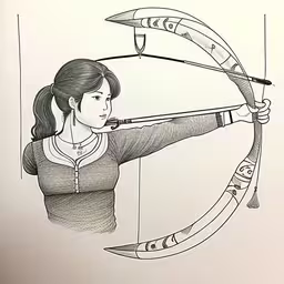 the girl is aiming her bow with the arrow,a drawing of a woman aiming an arrow,black and white drawing of girl aiming an arrow,a pencil drawing of a woman holding up a bow,drawing a woman shooting her bow with a knife